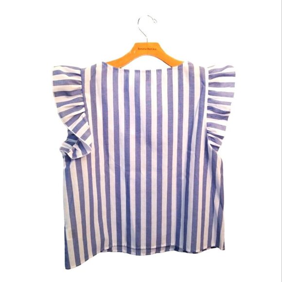 SHEIN Blue Striped Print Ruffle Trim Square Neck Blouse NWOT XL 7 0290 - Picture 5 of 6